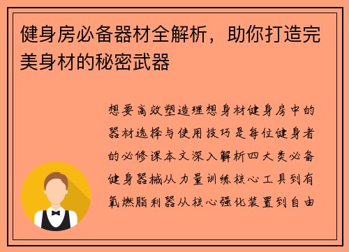 健身房必备器材全解析，助你打造完美身材的秘密武器