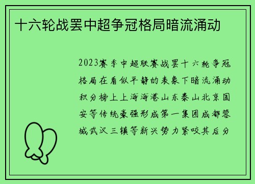 十六轮战罢中超争冠格局暗流涌动
